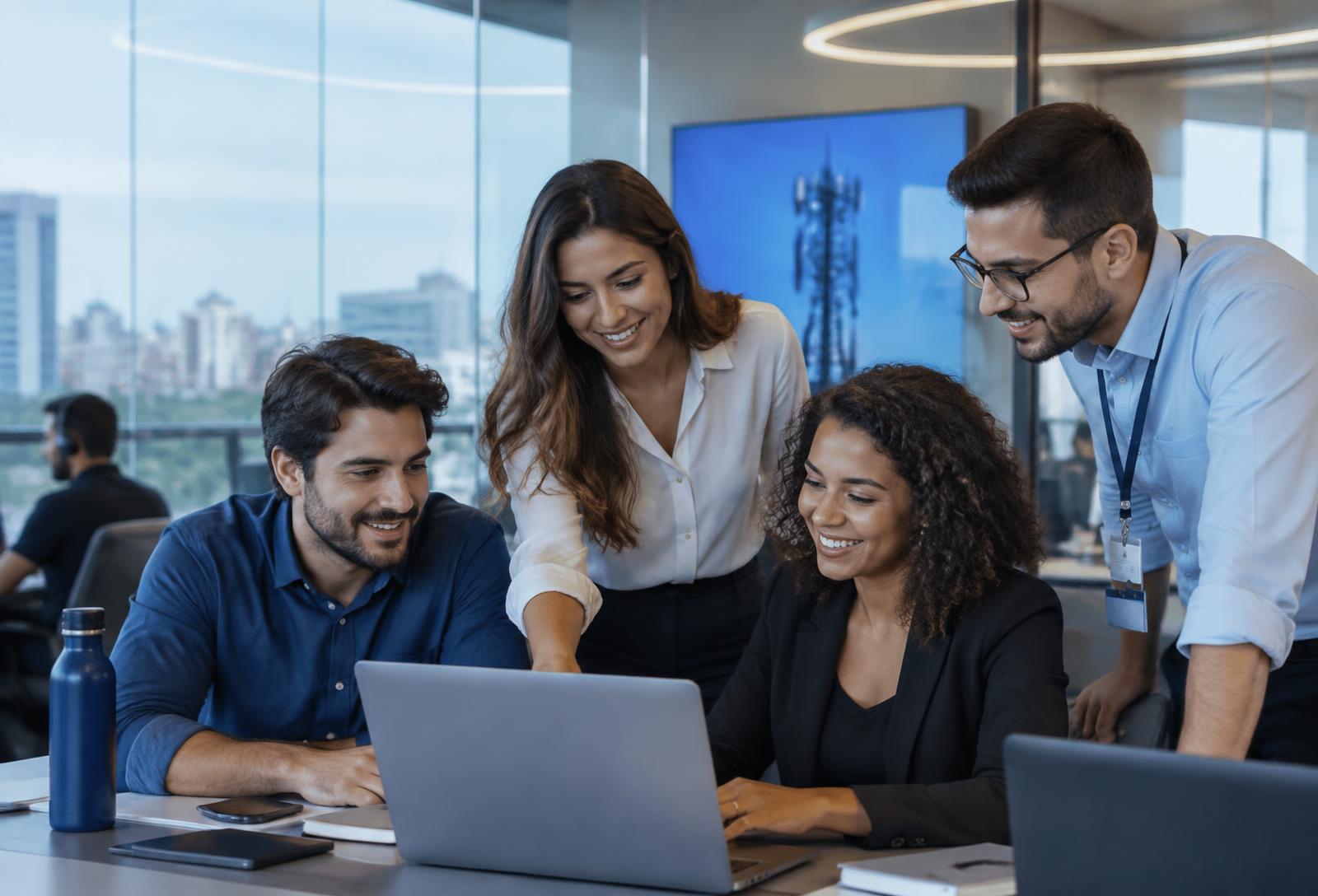 Equipe corporativa em reunião de tecnologia